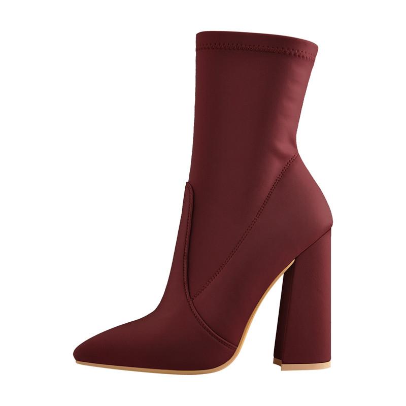 

Richealnana Pointed Toe Wine Black Minimalistic Stretch Chunky Block High Heels Size Zipper Thick Ankle Booties, P90911c