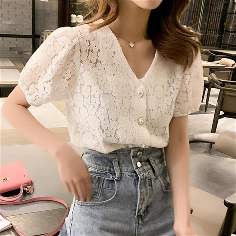 

Women 2020 Sweet Fashion lace Blouses and tops V-neck Vintage short Sleeve Female chiffon Ladies Blusa Shirts Chic Plus size, White
