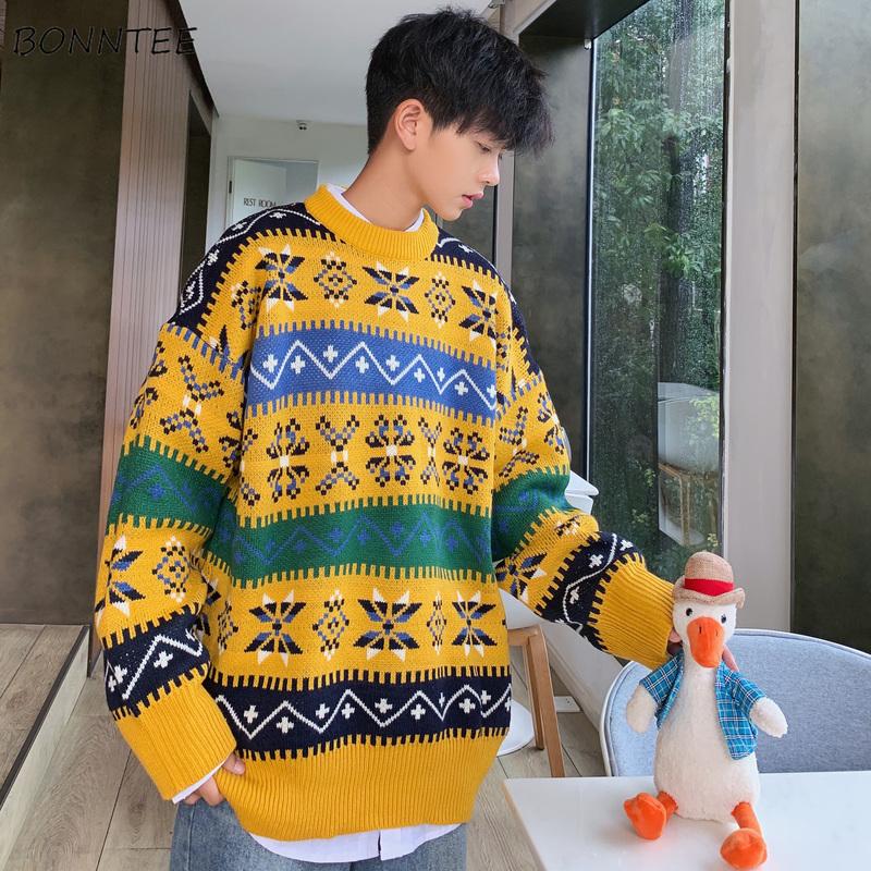 

Mens Causal O-Neck Sweater Vintage Pullover Knitted Jumper Sweaters Oversize Male Clothes Causal Harajuku Ulzzang All-match Chic, Yellow
