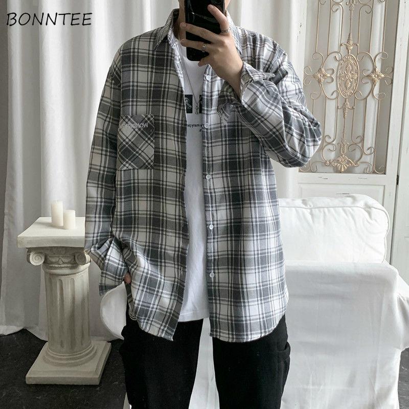 

Men Shirts Male Tops Plaid Long Sleeve Single Breasted Casual Loose Plus Size 3XL All-match Unisex Couples Chic Korean Fashion, 8837-green