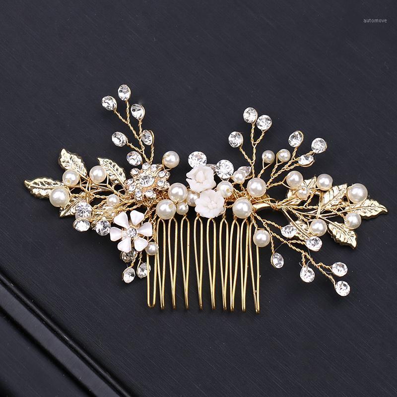 

Golden Bride Pearl Hair Combs Wedding Accessories Leaf Flower Wedding Hair Comb Women Ornaments Comb For1