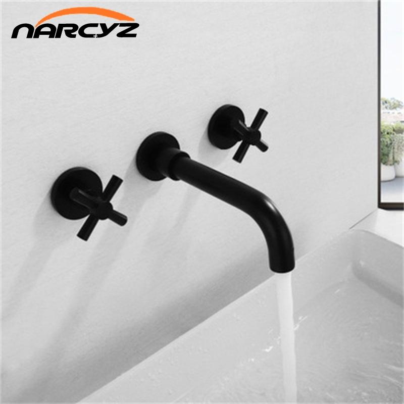 

In-Wall Basin Faucet Set 3 hole Gold/Black Gold Brass Double Cross Handle Wall Mounted Bathroom Sink Faucet Hot Cold Tap XR8241