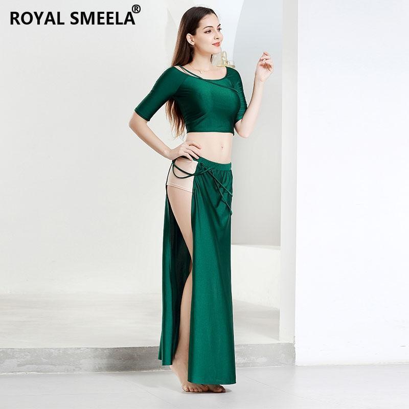 

2020 Professional Belly Dance Costume Green Dance Arab Costume Practice Clothing Bellydancing Top Split Skirt Set1
