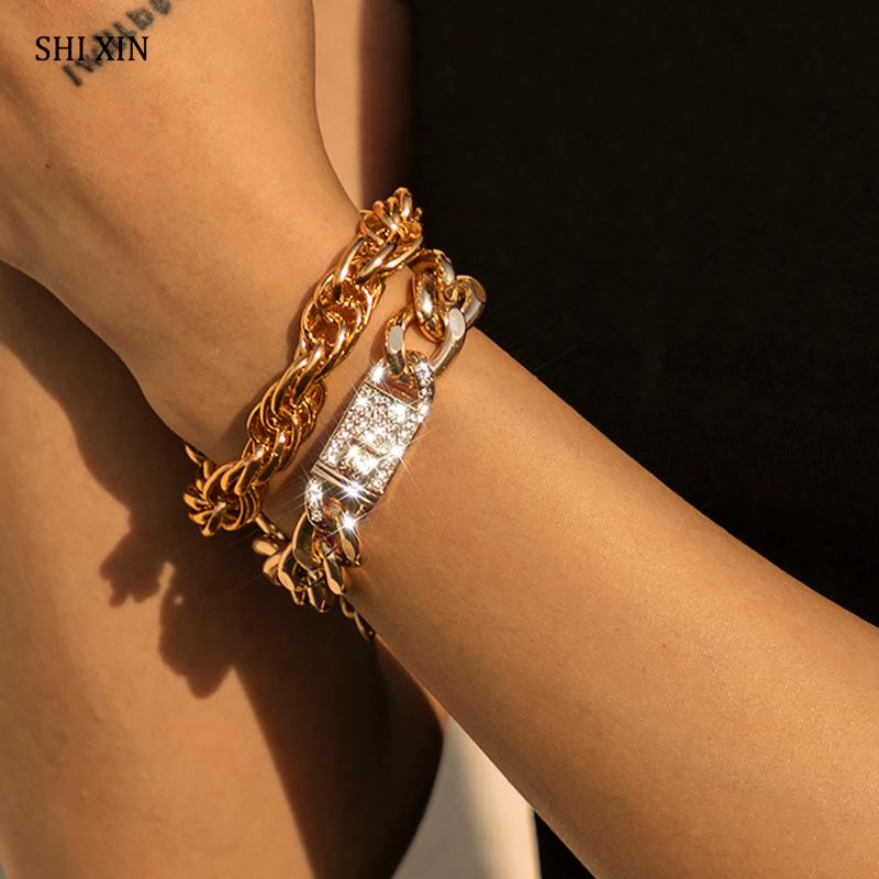 

SHIXIN Hiphop Cross Thick Cuban Link Chain Bracelets Set for Women Crystal Buckle Hand Chain Rhinestone Bracelets Charms Jewelry