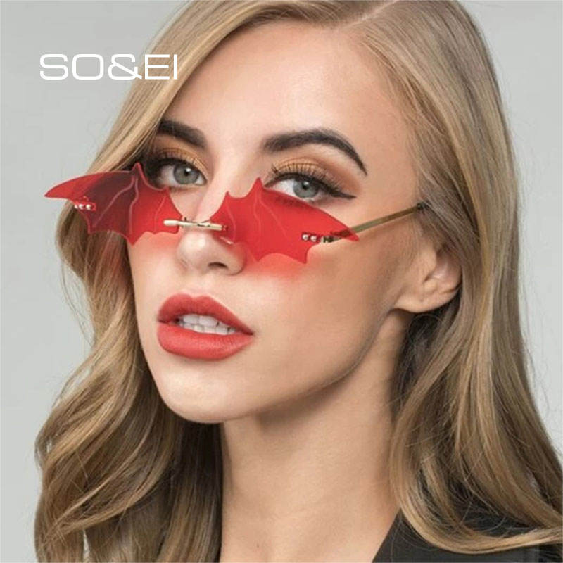 

SO&EI Unique Bat Shape Ins Popular Rimless Women Sunglasses Brand Designer Ladies Clear Ocean Lens Eyewear Fashion Sun Glasses