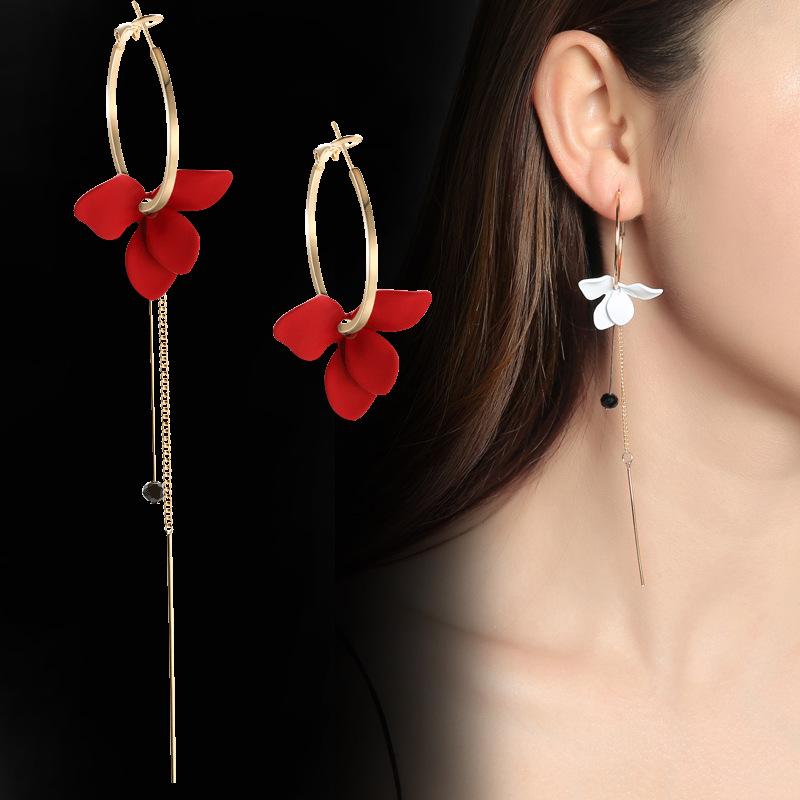 

Red White Asymmetric Flowers Dangle Earrings Petal Long Tassel Earring for Woman Party Festival Jewelry