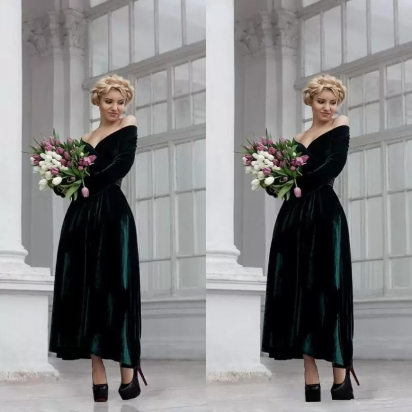 

2022 Dark Green Velvet Evening Dress Off The Shoulder Long Sleeves Cocktail Dresses A Line Ankle Length Evening Wear Dressses Prom Party Gowns, Black;red