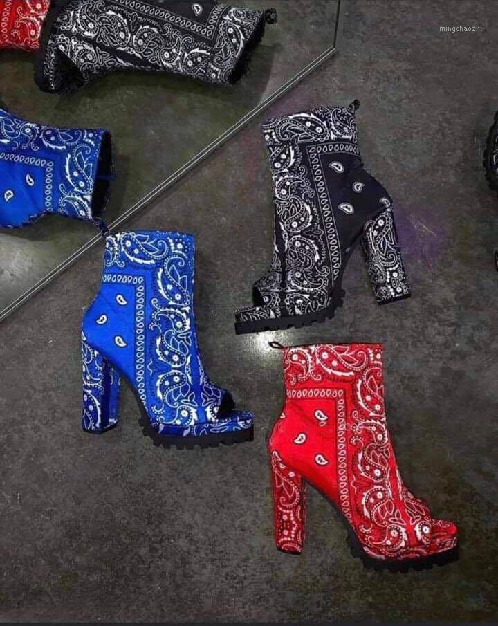 

totem printing lady boots Plus size women motorcycle boots 2020 autumn/winter new fish mouth square heel casual1, Blue