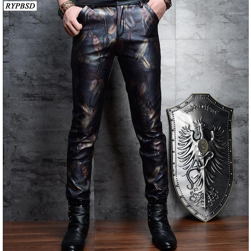 

Skinny Leather Pants Men Fashion Printed Slim Fit PU Faux Leather Trousers High Quality Zipper Mens Biker Trouser1, Gold