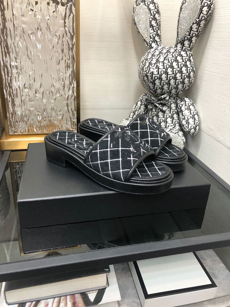 

Ladies Plaid Chunky Heel Slippers Designer Luxury Women Outdoor Shoes Black White Pink Green Suede Slipper Beach Casual, Black high heels