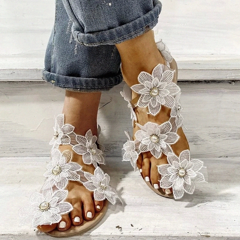 

Women Shoes Flat Summer Bohemian Gladiator Roman Sandal Lace Floral Style Sandalias Mujer White Female Beach Shoes 2020 #Xn9Y