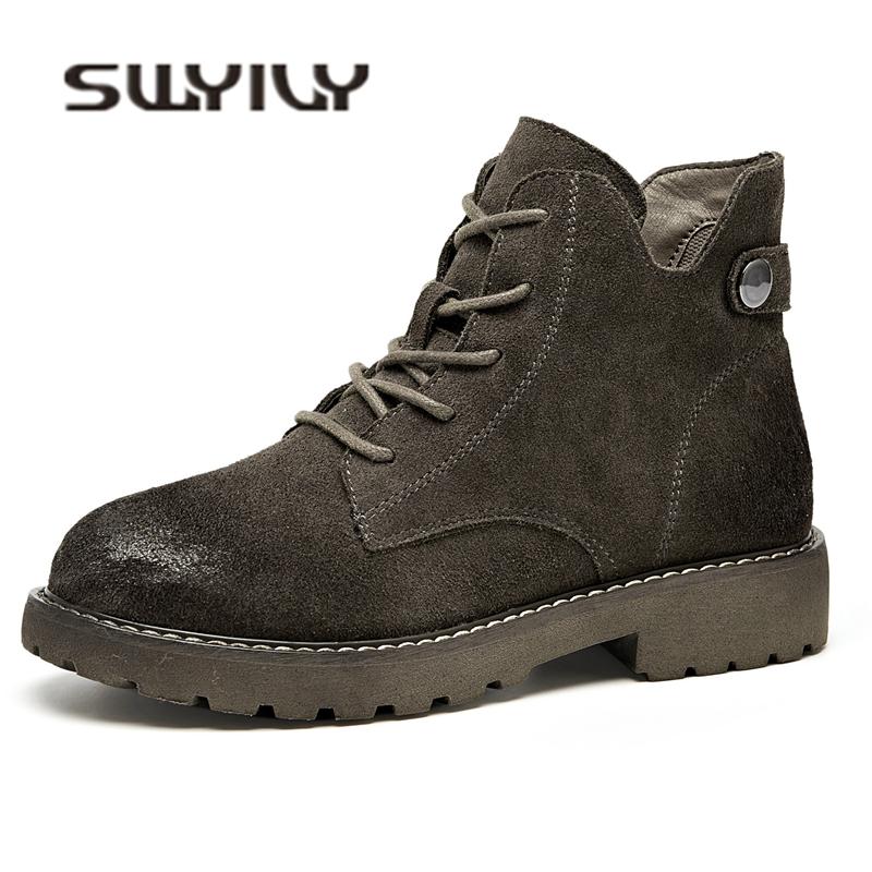 

SWYIVY Women's Boots Ankle British Retro 2020 Autumn Winter Female Plush Fur Warm Snow Boots Shoe Genuine Leather Shoes, Black single