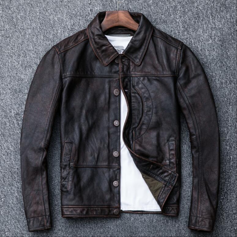 

2021 New Reddish-brown Top Layer of Leather Men's Lapel Jacket Denies Vintage Washing Old Short. 3C6I, 11
