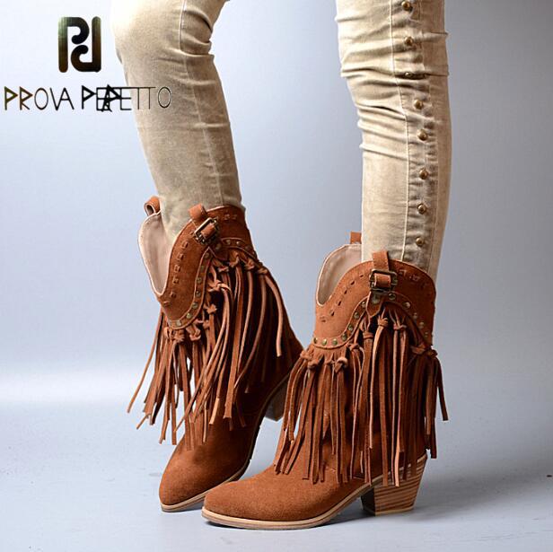 

Prova Perfetto Women Chunky High Heel Boots Suede Fringed Slip On Women Platform Pumps Full Tassels Buckle Autumn Winter Botas, Brown plush in