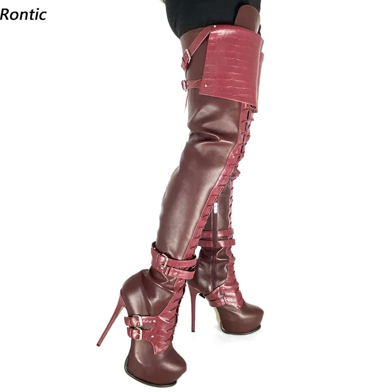 

Rontic Women Winter Crotch Boots Hidden Platform Side Zipper Stiletto Heels Round Toe Fabulous Burgundy Party Shoes US Size 5-20, Fuchsia