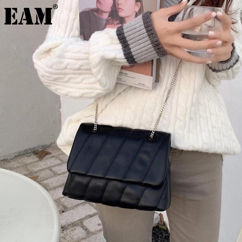 

[EAM] Women Early Spring New Chains PU Leather Flap Personality All-match Crossbody Shoulder Bag Fashion Tide 2021 18A1457, Black