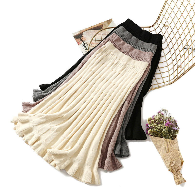 

2021 New Warm Knitted Midi Women for Autumn Winter Koreaan Ladies High Waist a Line Pleated Long Skirt Female T900, Khaki