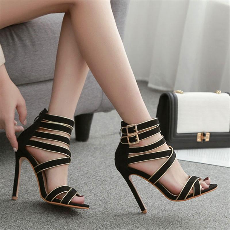 

Fashion Chain Hollow Women Sandals High Heels PU Leather Woman Pumps Pointed Toe Buckle Office Ladies Dress Shoes Stiletto 12CM, Black