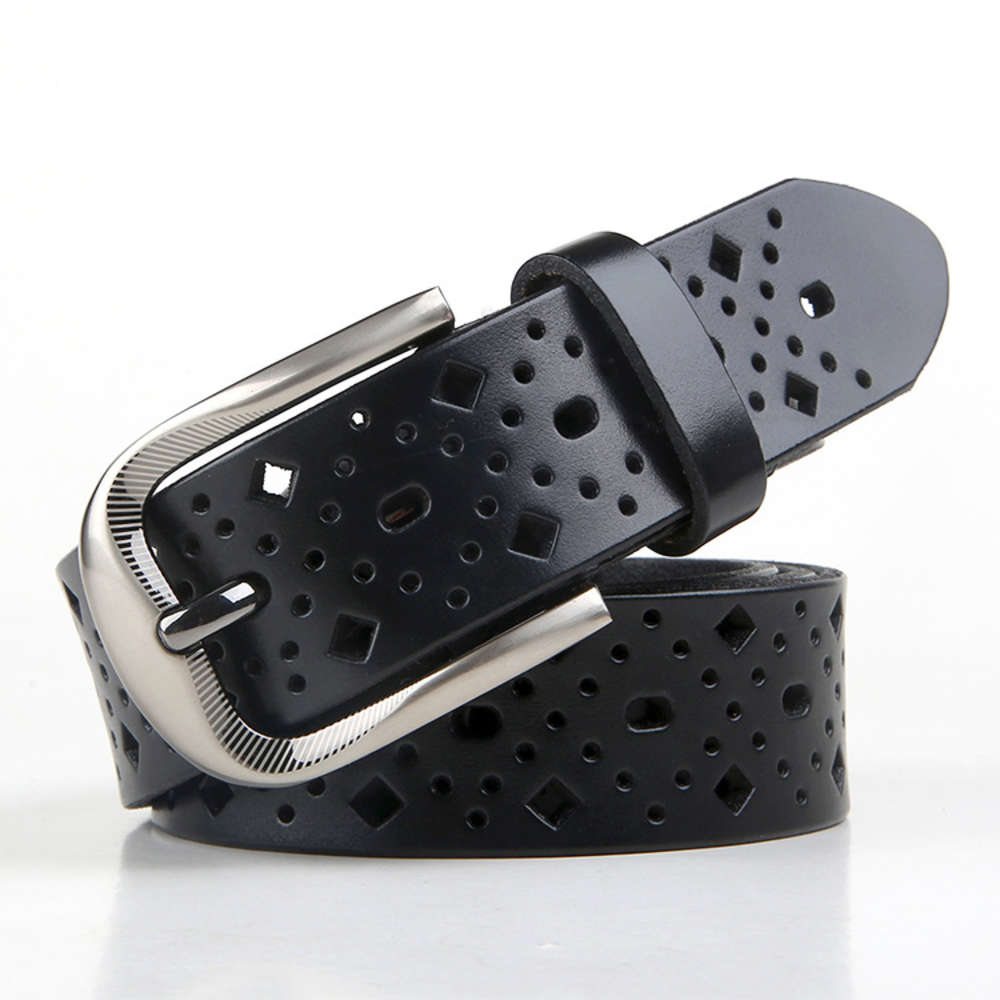 

New leather belt women's Korean versatile decorative hollow out cow leather women's belt Taobao, Black