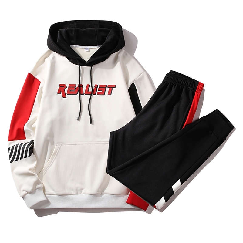 

Men's Streetwear Tracksuit New Hip Hip Sweat Suit Men Patchwork Hoodies Sweatpants 2 Piece Set Fashion Men Printed Clothing 201109, Cs1983 white
