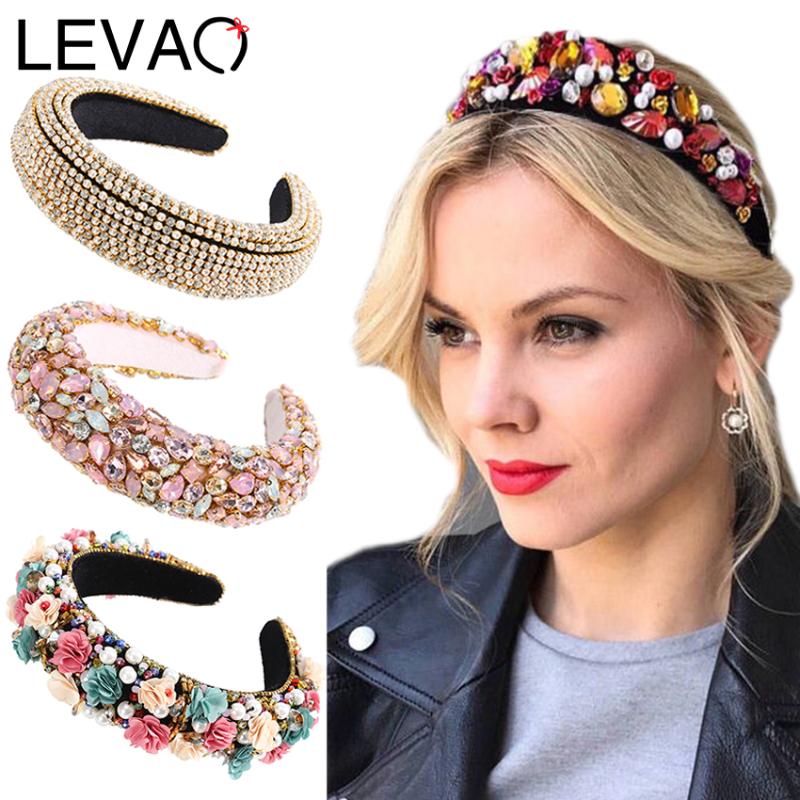 

Levao Baroque Padded Headband Rainbow Flower Crystal Beaded Hairband for Women Head Bezel Hair Hoop Rhinestone Pearl Headbands