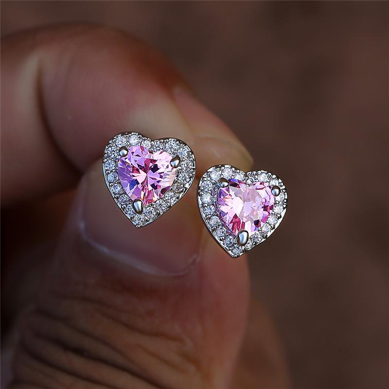 

Stud Elegant Pink Zircon Heart Stone Screw Back Earrings For Women Wedding Jewelry Vintage Fashion Rainbow Crystal Gift