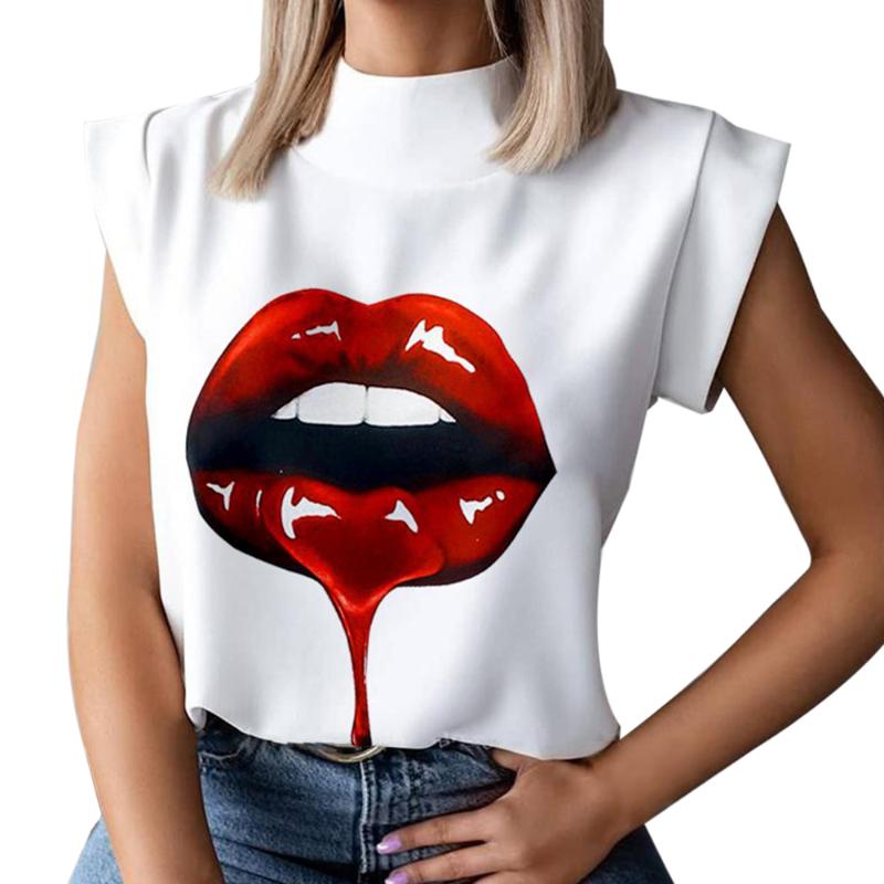 

Summer Women Blouse Shirts Cute Eyes Lips Print Casual Stand Neck Elegant Pullover Tops Lady Fashion Short Sleeve Blusa Sexy Top, White