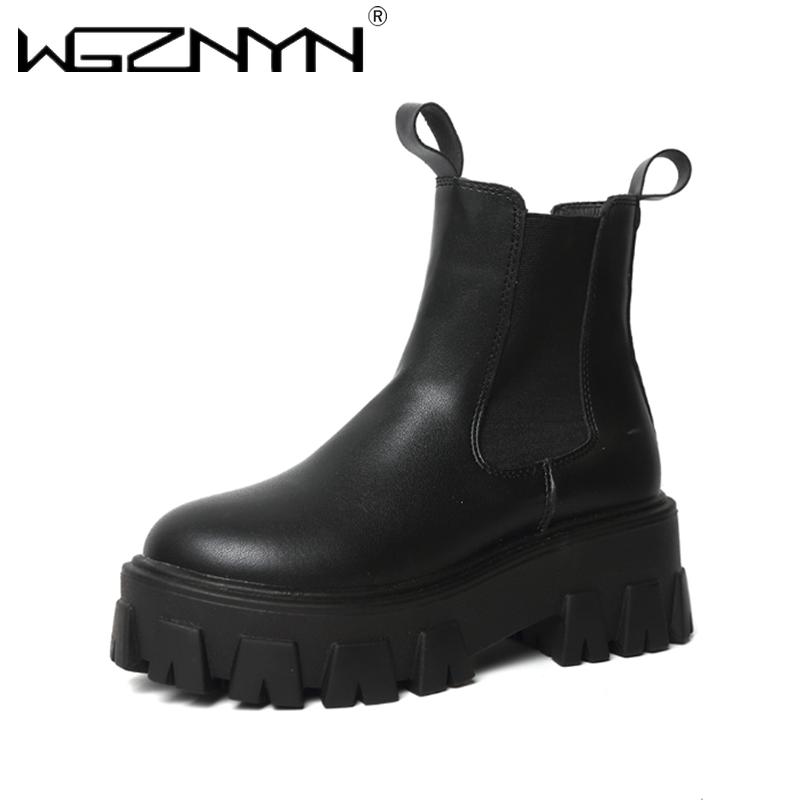 

WGZNYN Ankle Boots for Women 2020 Autumn Motorcycle Boots Thick Heel Platform Shoes Woman Slip on Round Toe Fashion