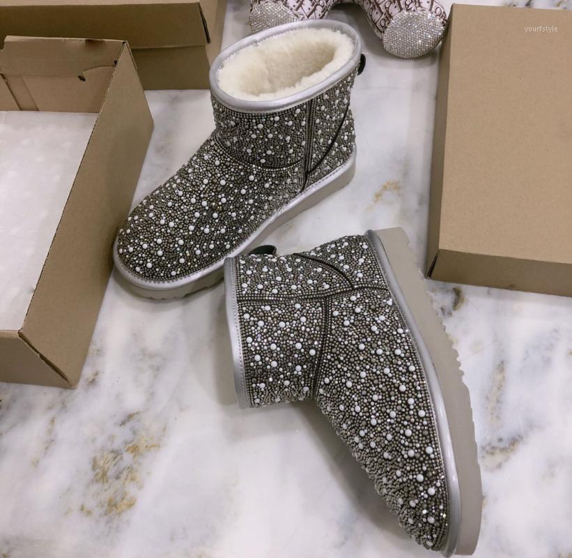 

Designer 2021 women's imported wool and fur one with shiny pearl warm snow boots1, Gray