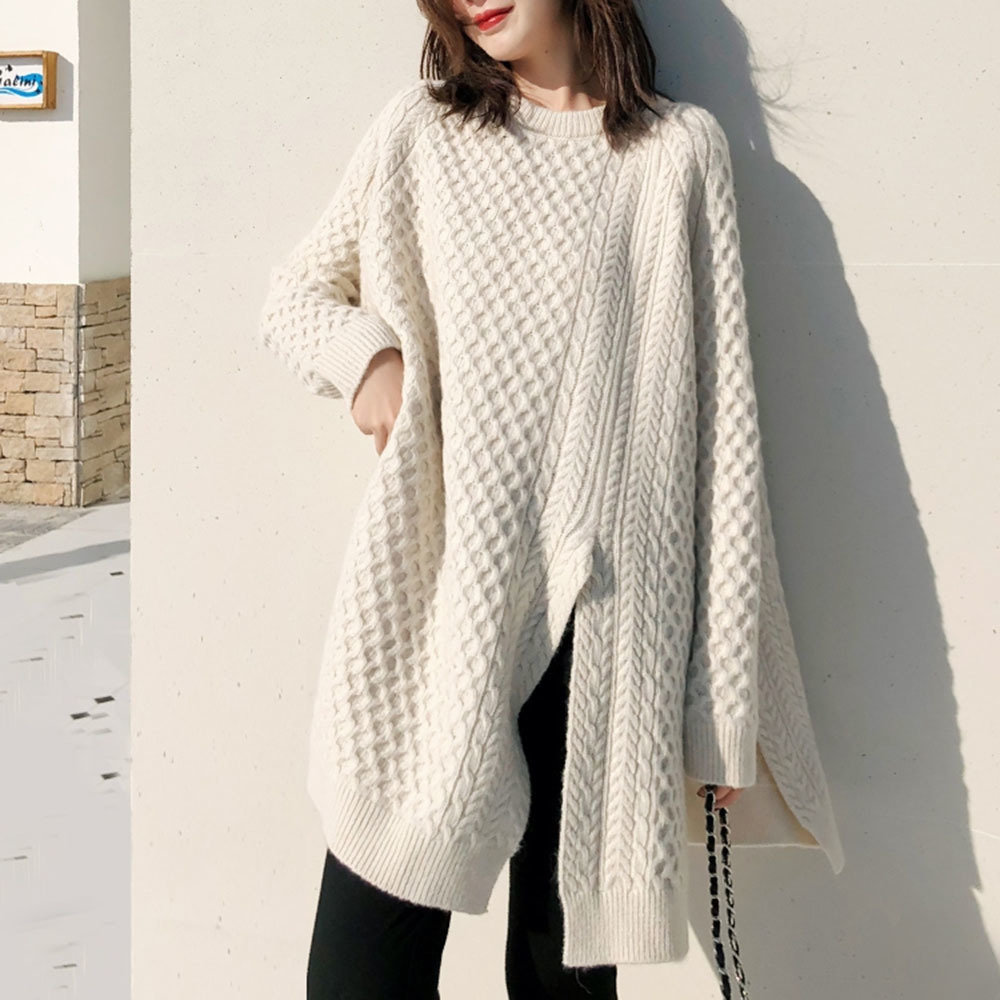

2021 Female Knitted Over Long Outwear Sweater Knit Fashion Casual Division Solid Color Autumn Around Neck Tops F471, Ivory.