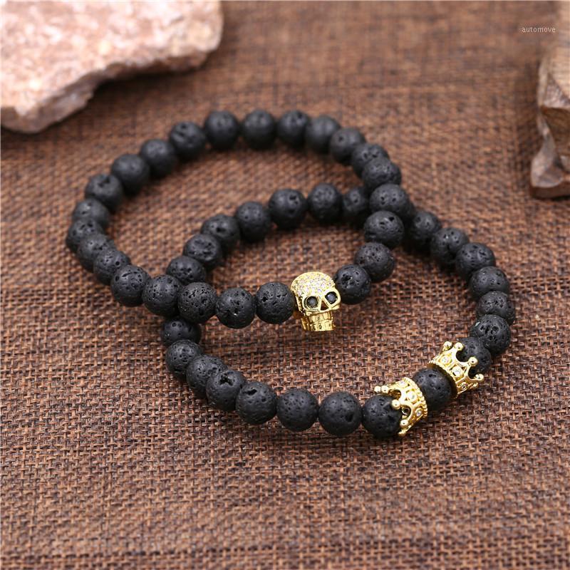 

Pave CZ Skull & Crown Charm Bracelets Sets 2Pcs/Set Elastic Black Lava Beads Skeleton Men Bracelets Sets Male Hand1