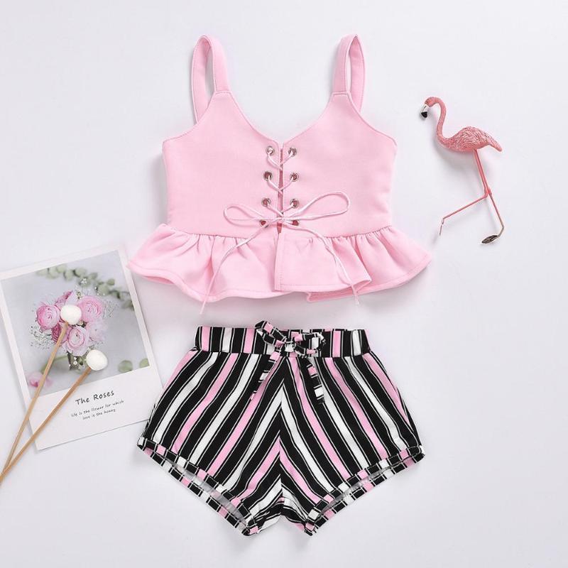 

Baby Summer Sling Vest Pink Color Top And Striped Print Shorts 2 Piece Clothes Set Wholesale1