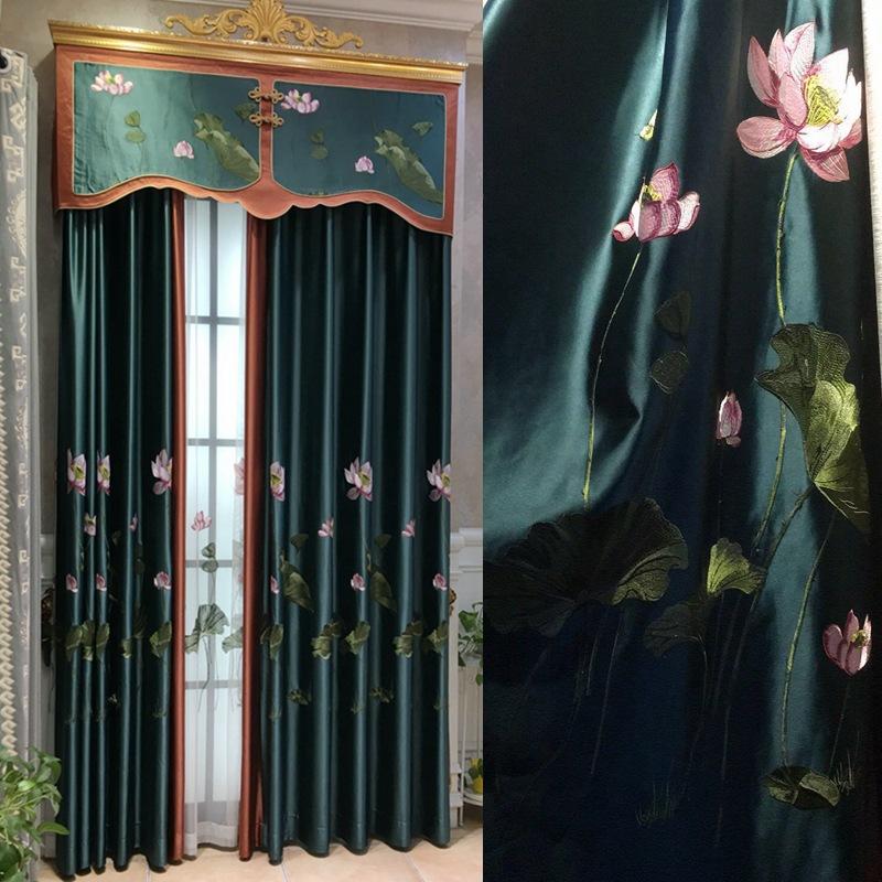 

New Chinese Style Curtains Classical Lotus Pond Moonlight Embroidery Curtains for Living Dining Room Bedroom, Tulle
