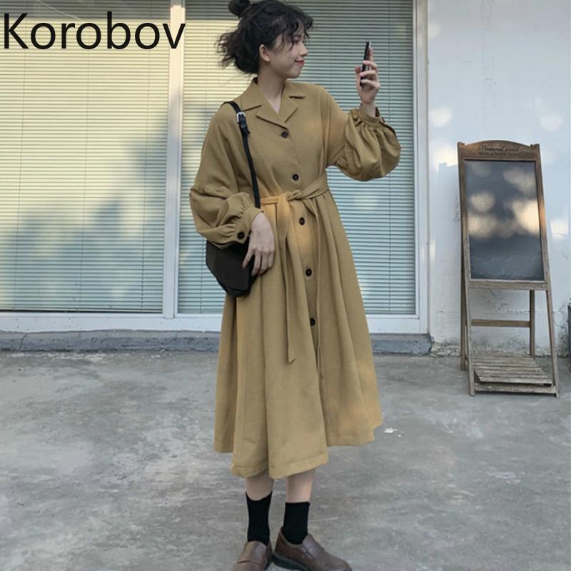 

Korobov Vintage Long Sleeve Turn-Down Collar Coats Korean Solid Single Breasted Sashes Harajuku Jackets A-Line Long Coat 79169, Photo color