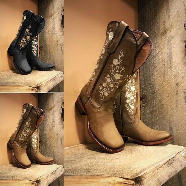 

2020 Plus New Size Women Boots Winter Wram Square Heel Boots Embroidered Thicken Motorcycle Mid Calf Botas Mujer, Black