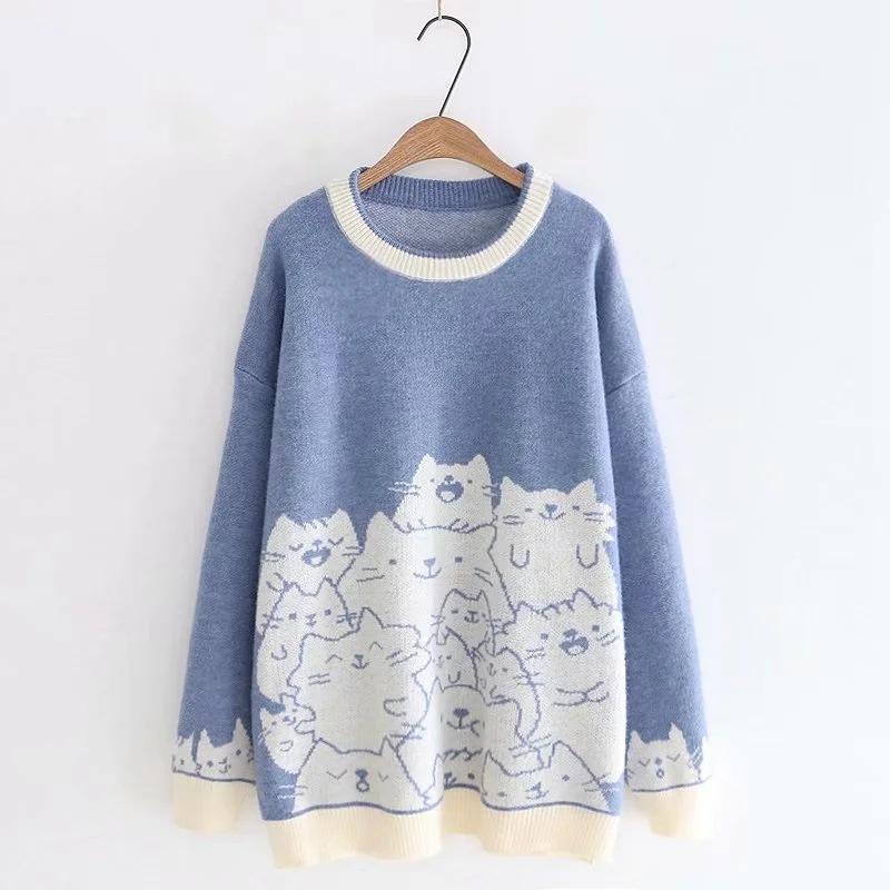 

Korean Style New Sweater Women Pullover Loose Knitwear Kawaii Cute Cat Printed Jumper Tops Long Sleeve Autumn Outerwear 2020 New1, Blue