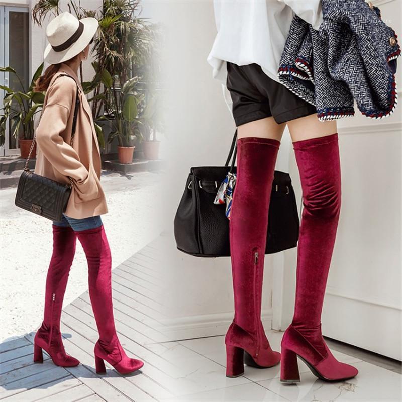 

PXELENA Sexy Thin Slim Fit Flock Thigh High Boots Women Block High Heels Over The Knee Boots Side Zipper Fashion 5 Colors1, Apricot