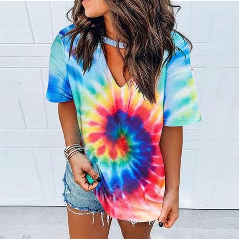 

US Stock T-shirt Tie Dye Tops Tee Women Summer Short Sleeve Harajuku Camiseta Mujer Tee Shirt Femme Streetwear V-neck, Black