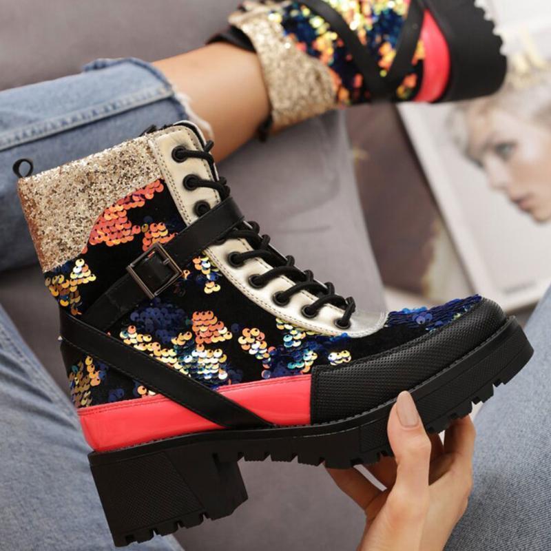 

2021 Fashion Sequined Platform Square Heels Belt Buckle Shoes Leisure Ankle Boots Street Cool Brand Motorcycles Boots Women1, Black