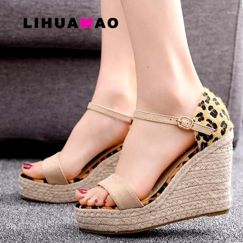 

LIHUAMAO Suede leopard women wedges sandals summer 2021 Espadrilles shoes, ankle strap open toe platform,casual beach sandals1, White