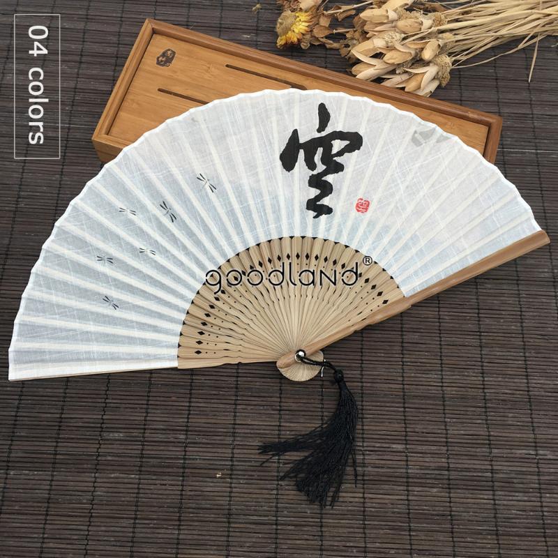 

free shipping 1pcs top quality chinese dhyana style white black gray linen fabric bamboo folding hand fan summer art