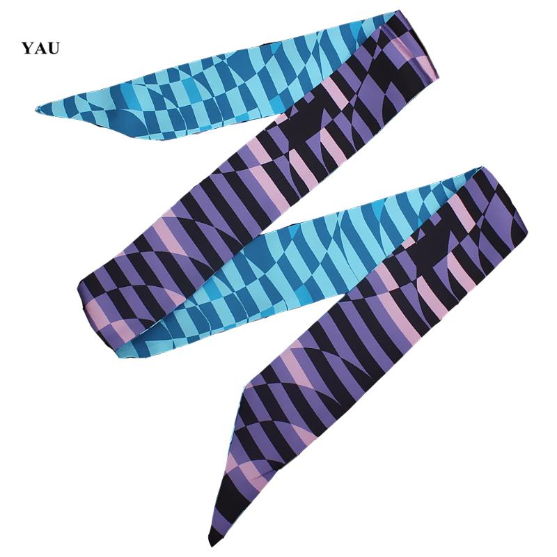 

Scarves 120cm*5cm Twill Silk Woman Small Long Blue Purple Geometric Cube Printed Fashion Scarf Female Ribbons