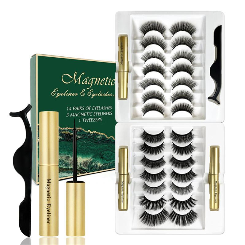 

14 Pairs Magnetic Eyelashes False Lashes +2 Liquid Eyeliner +Tweezer eye makeup set 3D magnet False eyelashes No Glue Needed