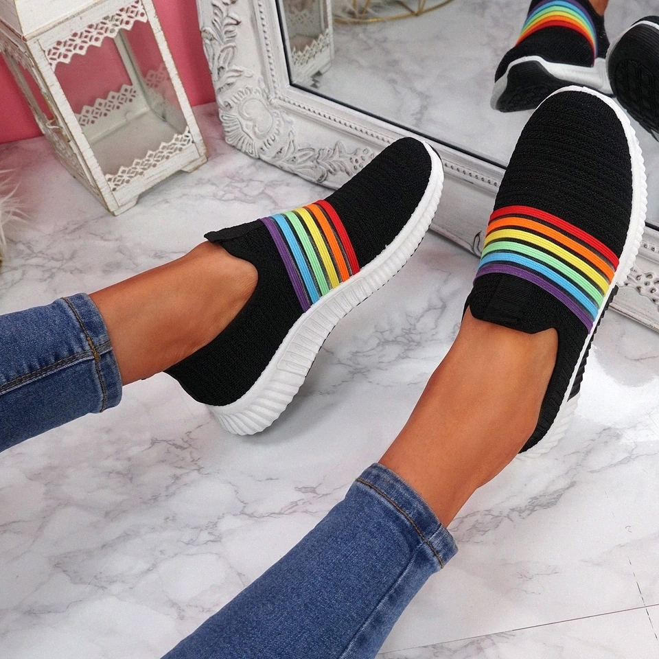 

2020 Women Sneakers Woman Vulcaniaed Female Rainbow Color Stripes Loafers Women's Slip On Flat Lady Soft Mesh Shoes Plus Size 43 #LM2s