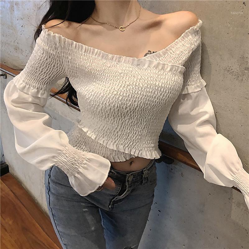 

Women's Blouses & Shirts 2021 Summer Fashion Black White Short Shirt Long Sleeve Slash Neck Women Slim Blouse Elastic Cross Front Asymmetric