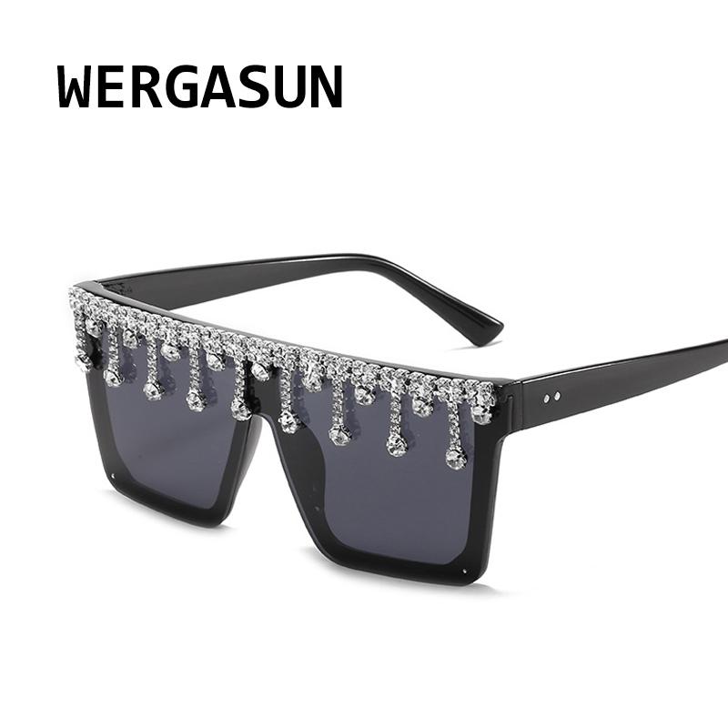 

WERGASUN Luxury Square Diamond Sunglasses Women Men 2021 Flat Top Crystal Punk Sun Glasses Mirror Rhinestones Eyewear UV400