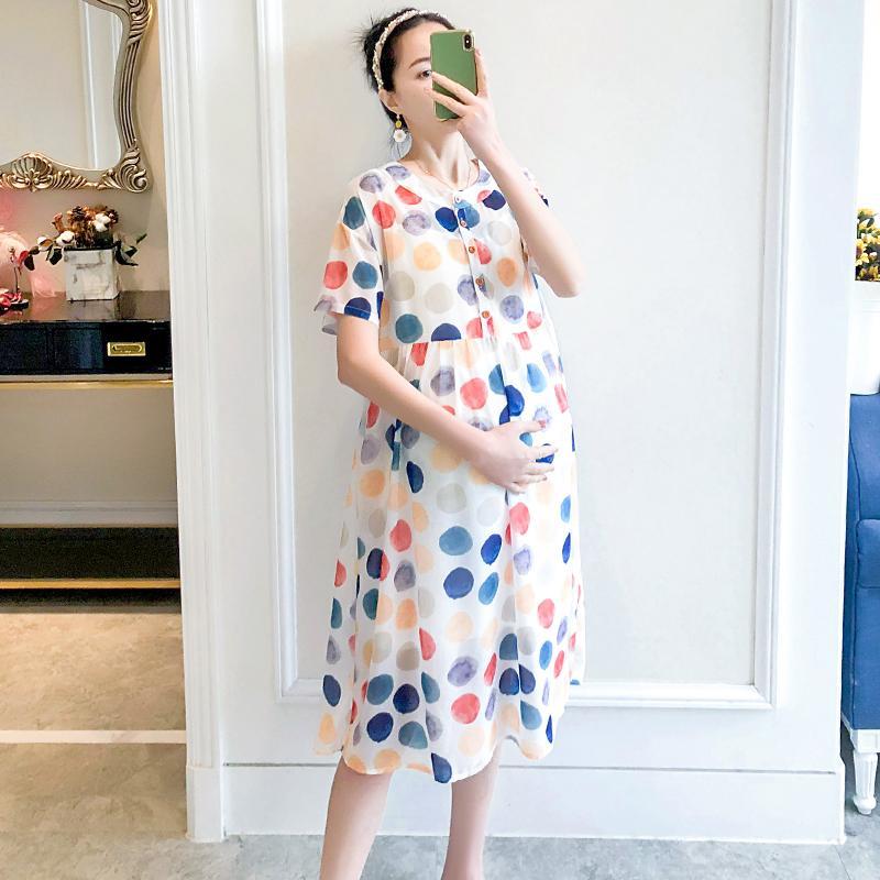

Sweet Dot Printed Chiffon Maternity Long Party Dress Summer Fashion Thin Clothes for Pregnant Women Elegant Pregnancy1, 1837