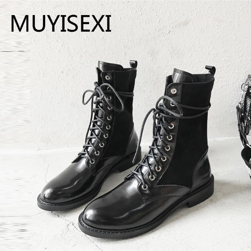 

Boots Motorcycle Lace-Up Flat Round Toe Genuine Leather + Elastic Flock Western Handsome Design Ankle Boots AM16 MUYISEXI1, Cow and pu