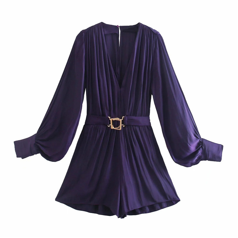 

2021 New Purple Belt Short Women Fall v Neck Long Puff Sleeve Elegant Jumpsuit Elastic Waist Ladies Jumpsuits Ke9e