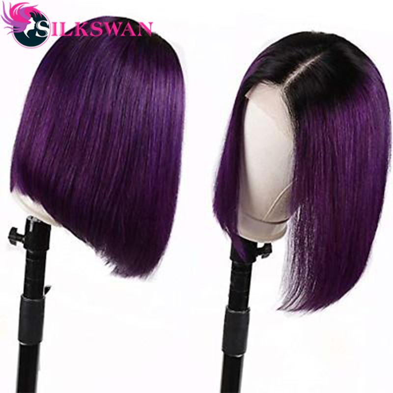 

Silkswan1B/ Purple 13x4 Lace Front Wig 150% Density Straight Human Hair Wig Brazilian Bob Wigs For Black Women Free Shipping, 1b purple